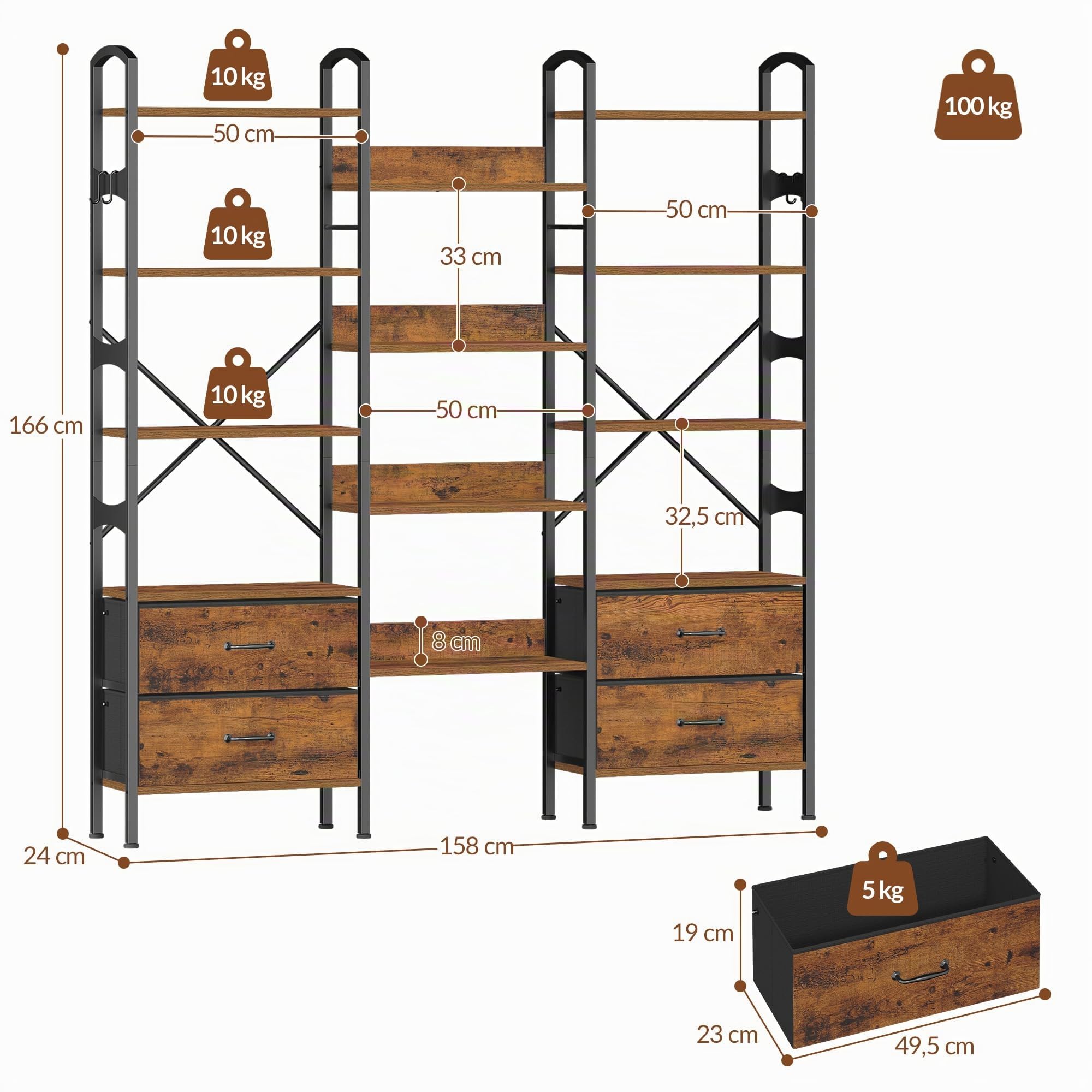 Bücherregal Regal, 158 x 24 x 166 cm, Rustikalbraun und Schwarz | Standregal mit 12 Ablagen und 4 Stoffschubladen, Metallrahmen, für Wohnzimmer, Home Office, Arbeitszimmer, FFSG002FX1