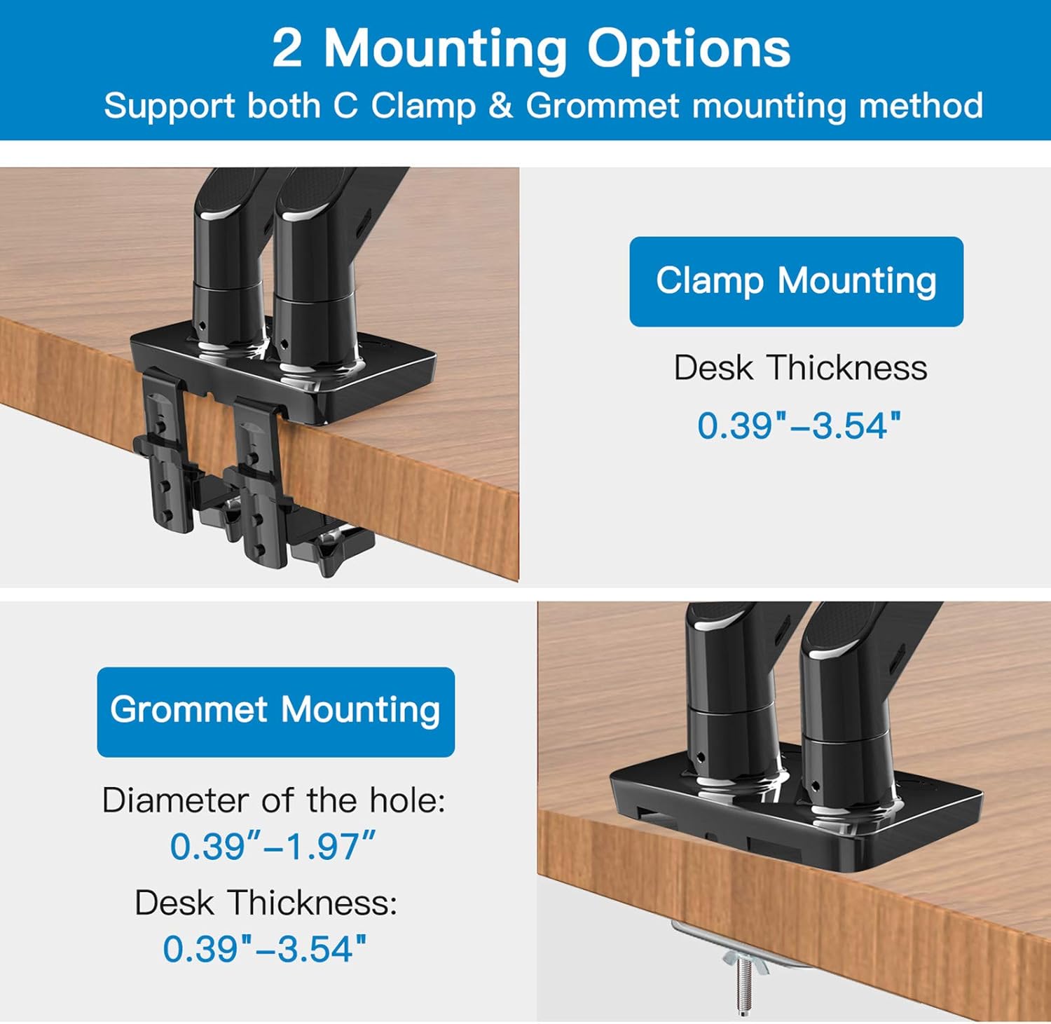 HUANUO Dual Monitor Mount Stand - Long Double Arm Gas Spring Monitor Desk Mount for 2 Screens 22 to 35 Inch Height Adjustable VESA Bracket with Clamp, Grommet Base -Each Arm Hold up to 26.4 lbs : Electronics