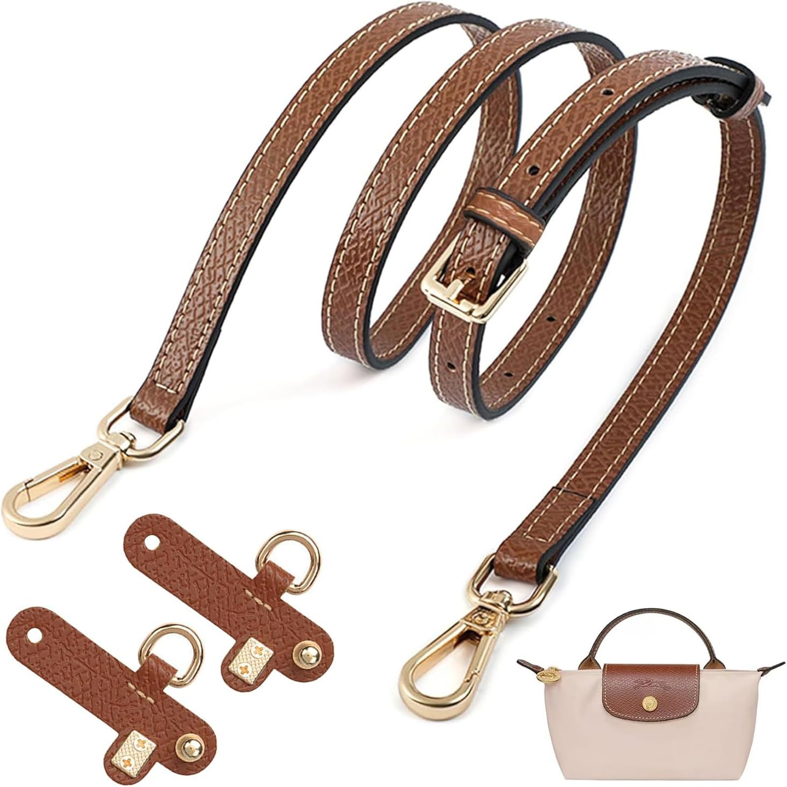 Strap for Longchamp Mini Bag Strap - Brown Adjustable for Crossbody Handbags, Leather No Punch Straps for Long Champ Bag - Leather Brown