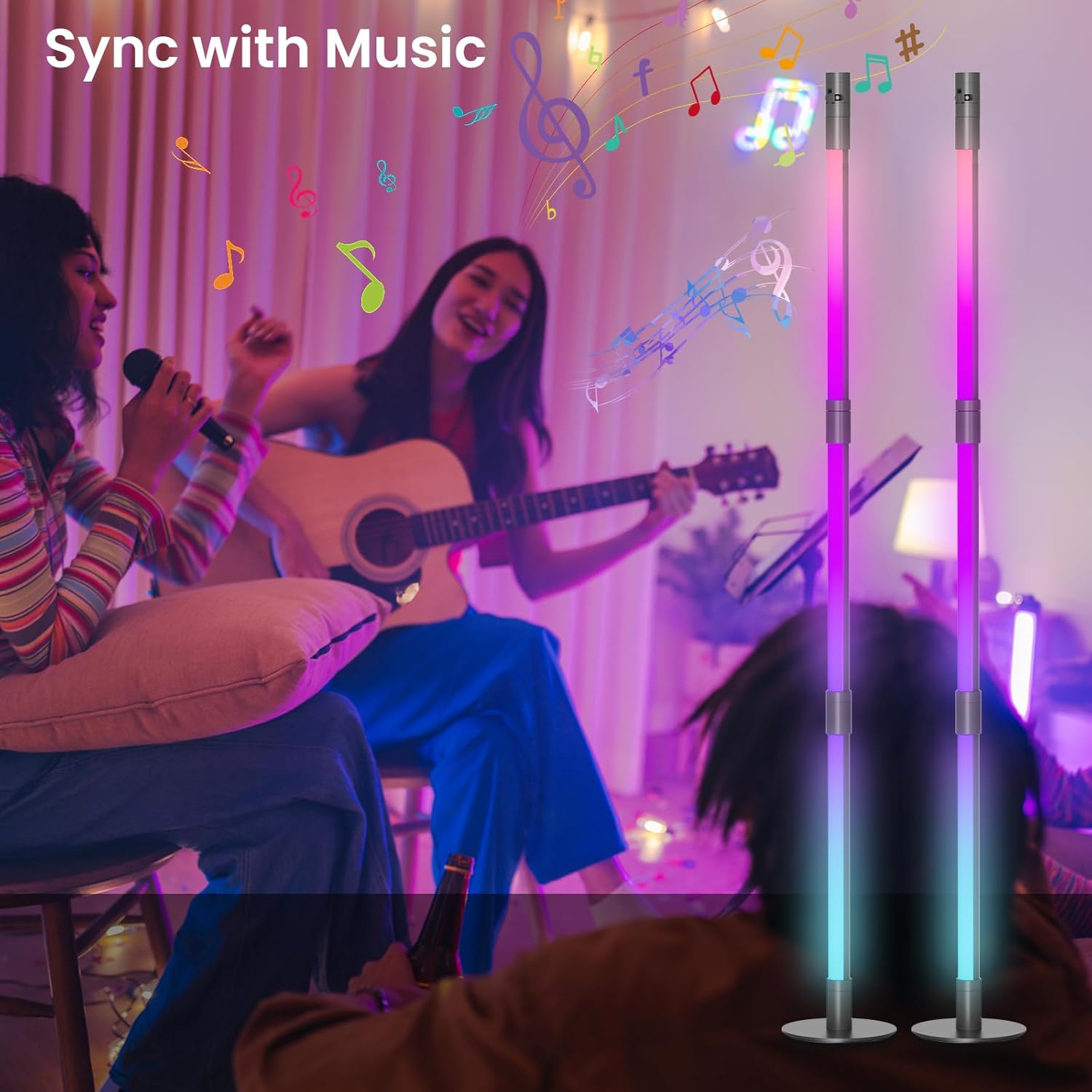 A split image showing the Nisocy RGBWIC LED Corner Floor Lamp being controlled by a smartphone app on one side and a physical remote control on the other.