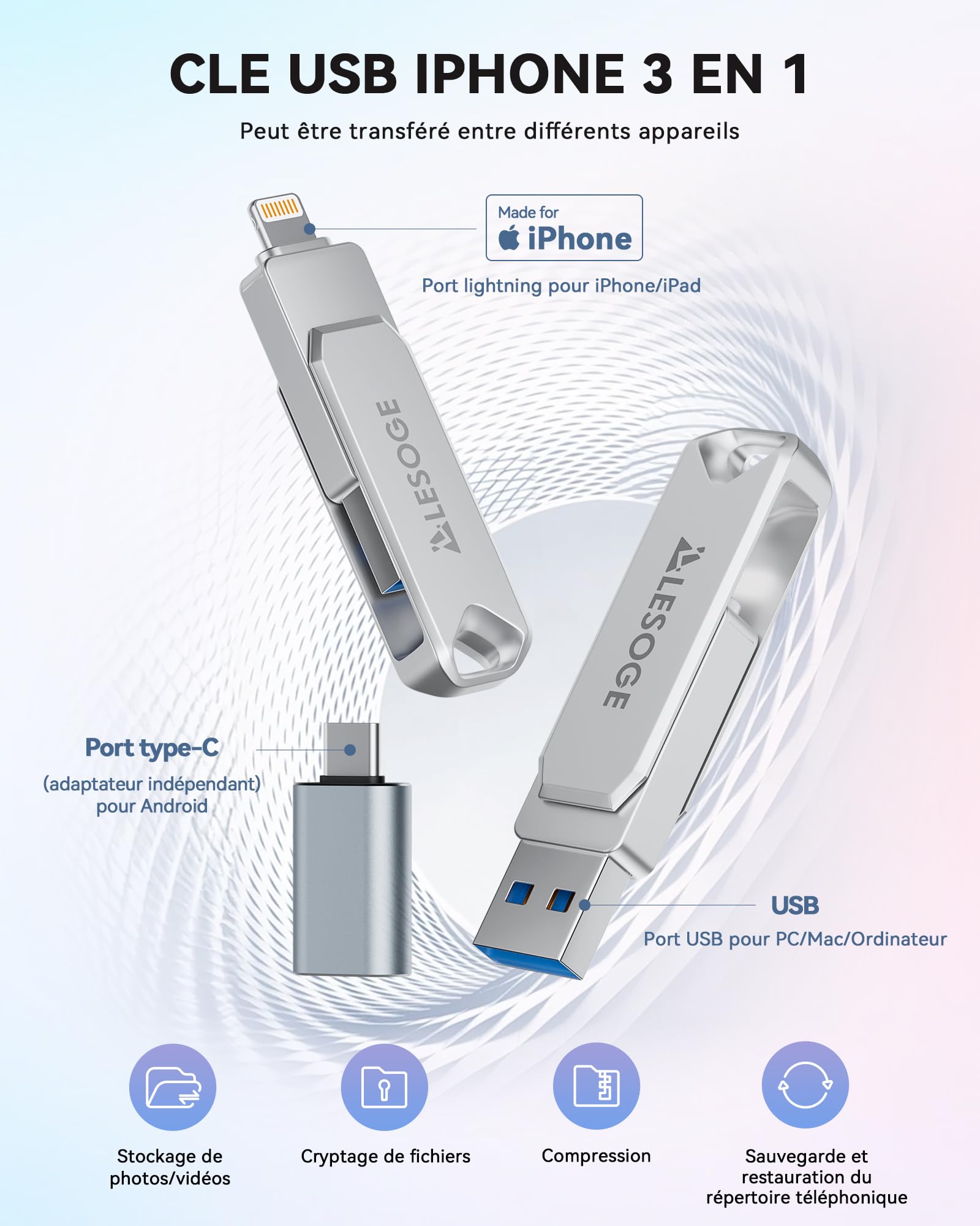 Clé USB 128 Go, 3 en 1 USB 3.0, Stockage Externe USB-C | Certifiée MFi, idéale pour sauvegarder photos et vidéos. Transfert de fichiers facile entre iPhone, iPad, Android, Mac et PC.