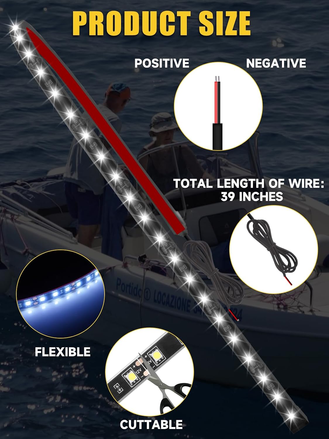 4 Pcs 24inch Led Light Strip IP68 Waterproof Flexible Led Lights 12V for Car Interior Exterior Motorcycle Boat Golf Cart Decoration - White
