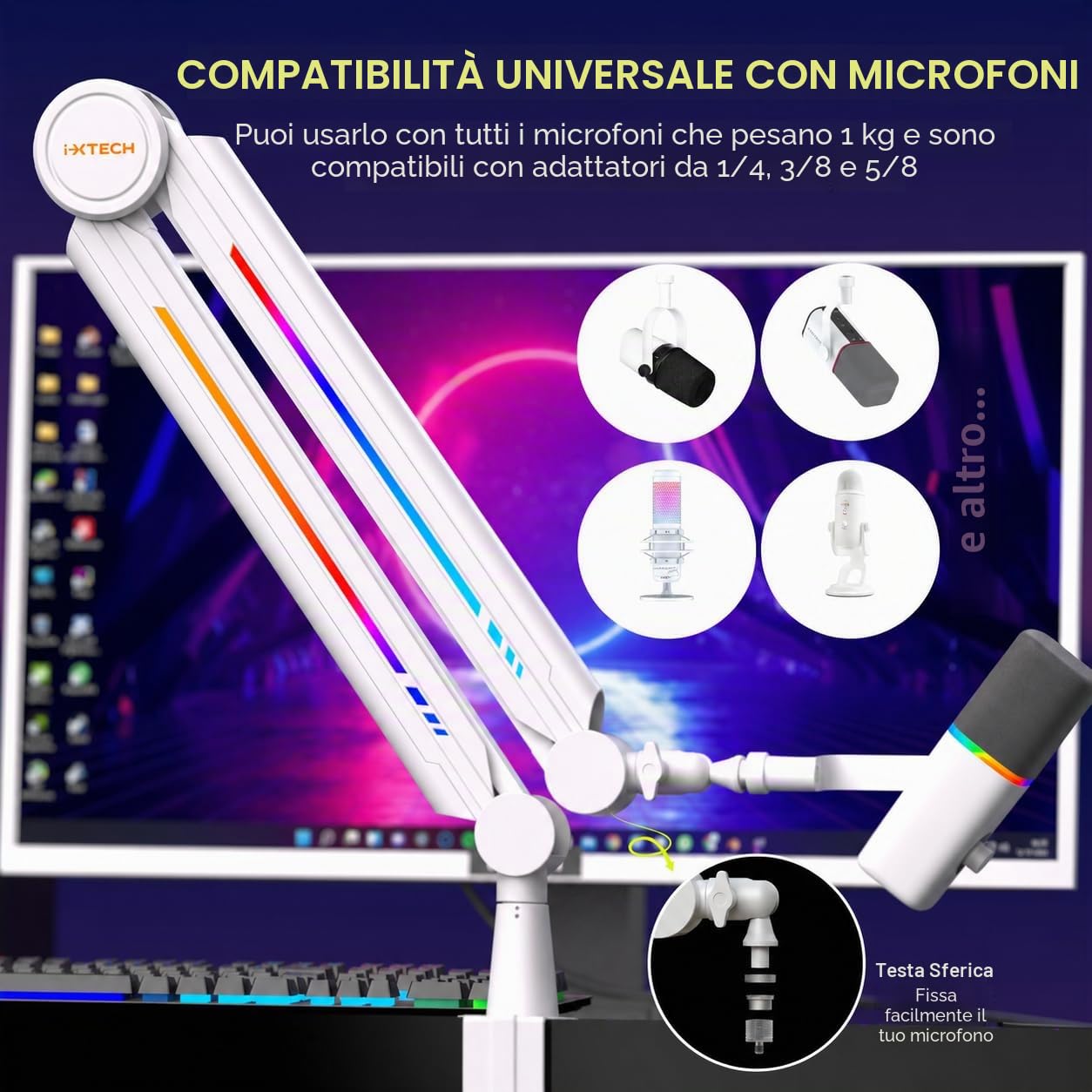 IXTECH Supporto per microfono RGB ad alto profilo, braccio per microfono da scrivania, supporto regolabile per microfono con supporto da scrivania, braccio per microfono per live streaming gaming