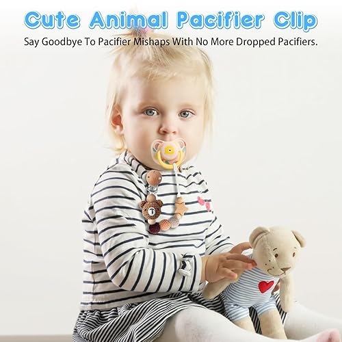 Miniatura 3 de Clip para chupete, paquete de 2 clips para chupete para niños y niñas, lindo koala y oso hecho a mano, soporte para chupete de punto, se adapta a la