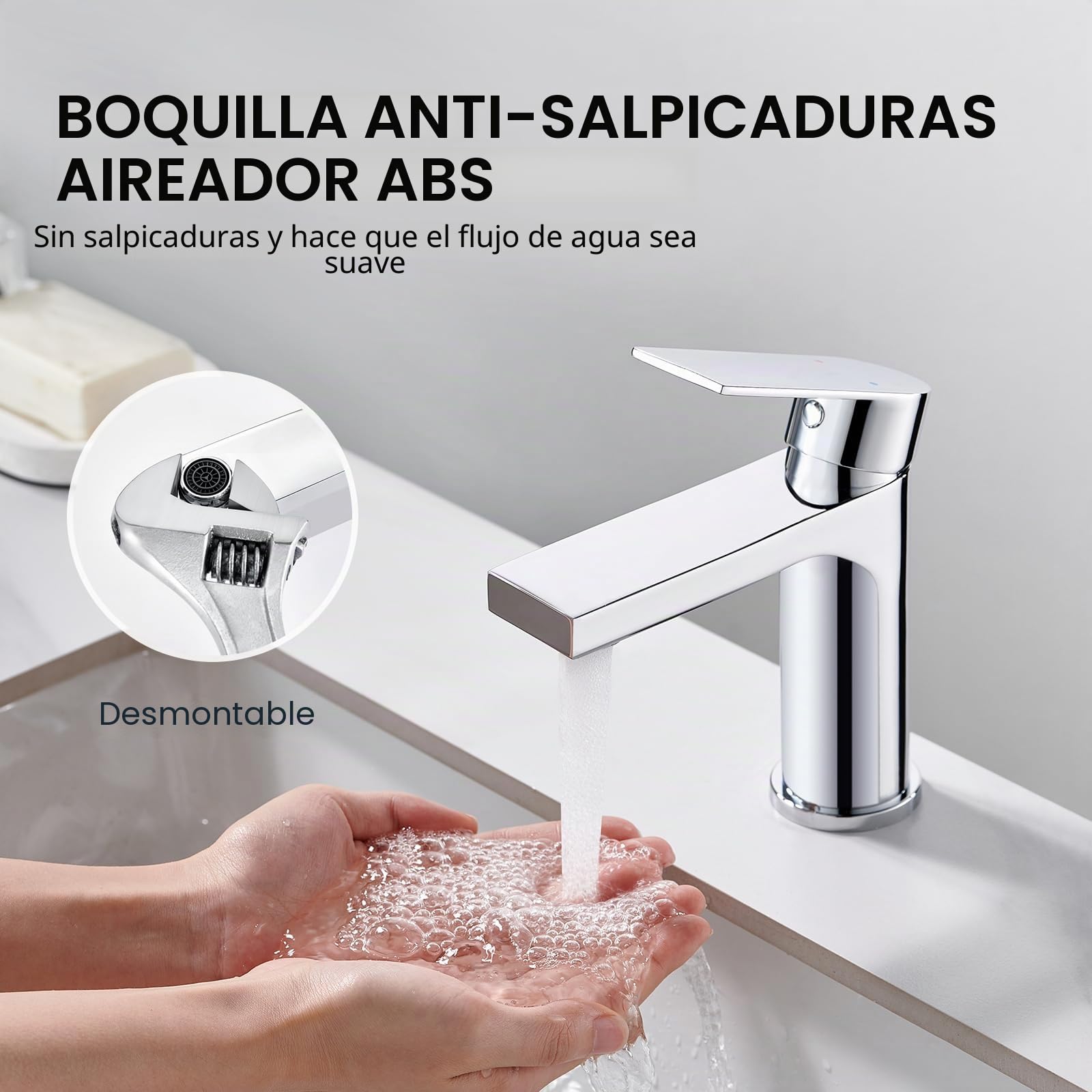 Grifo de Lavabo para Cuarto de Baño W.C. Rectangular Monomando con Desagüe Desplegable de Acero Inoxidable en Cromado Pulido