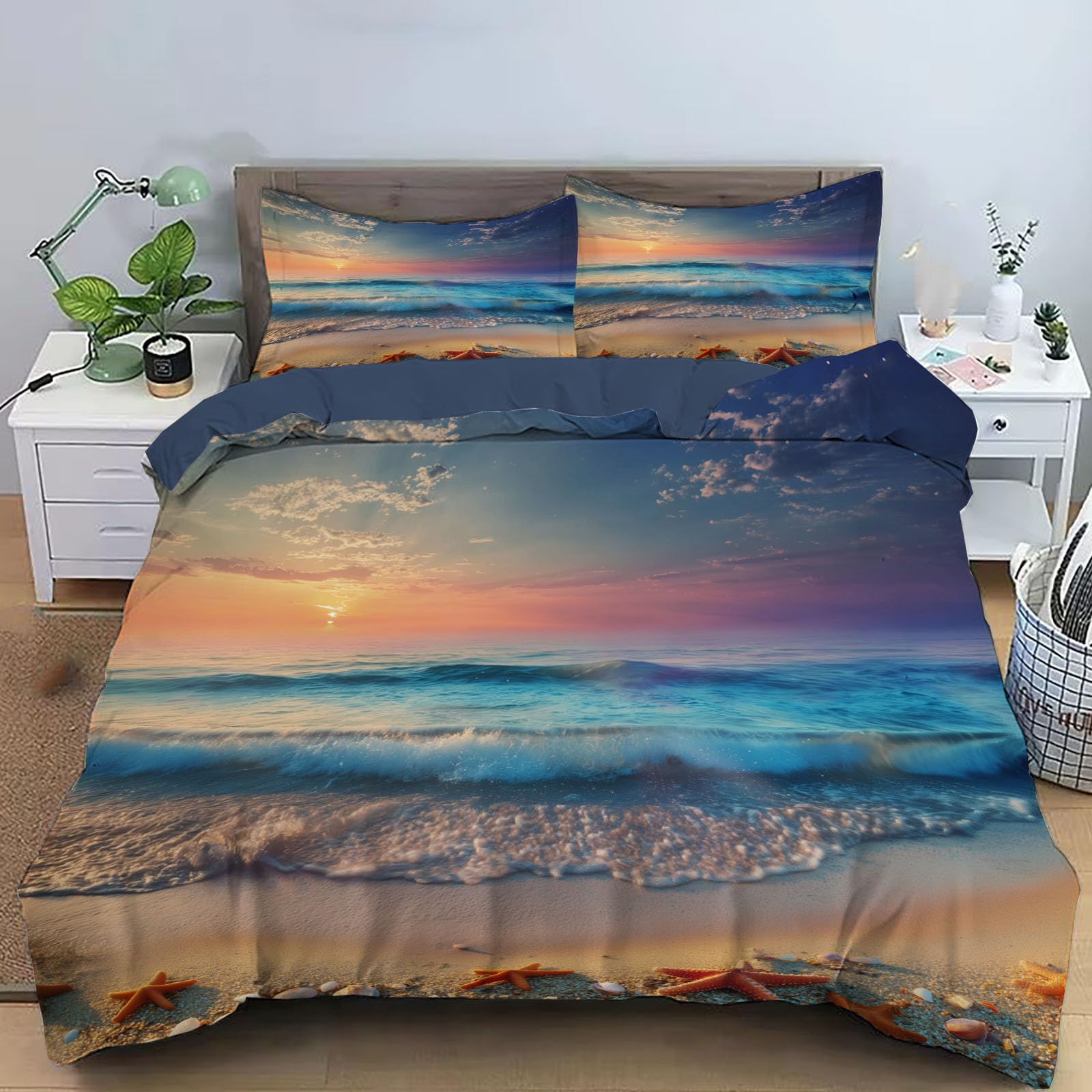 CEDNXOER Single Beige Beach Duvet Cover Sets,Soft Microfiber Reversible 2 Duvet Cover Sets,135x200cm Nature Sea View Quilt Covers,Blue Bedding Set,1 Pillowcases and Zipper Closure