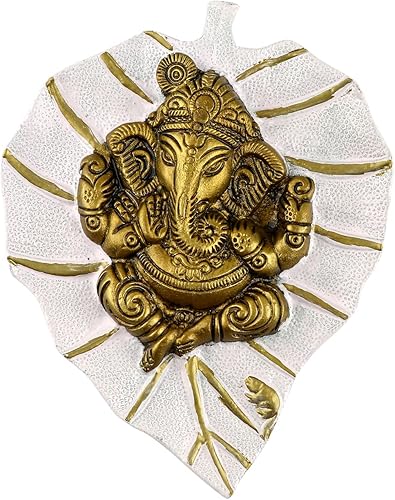 Miniatura 3 de SATVIK Metal Pan Patta Ganesh Decorativo Colgante de Pared Showpiece Señor Ganesha en la Hoja Decoración del Hogar. Inauguración de la casa india