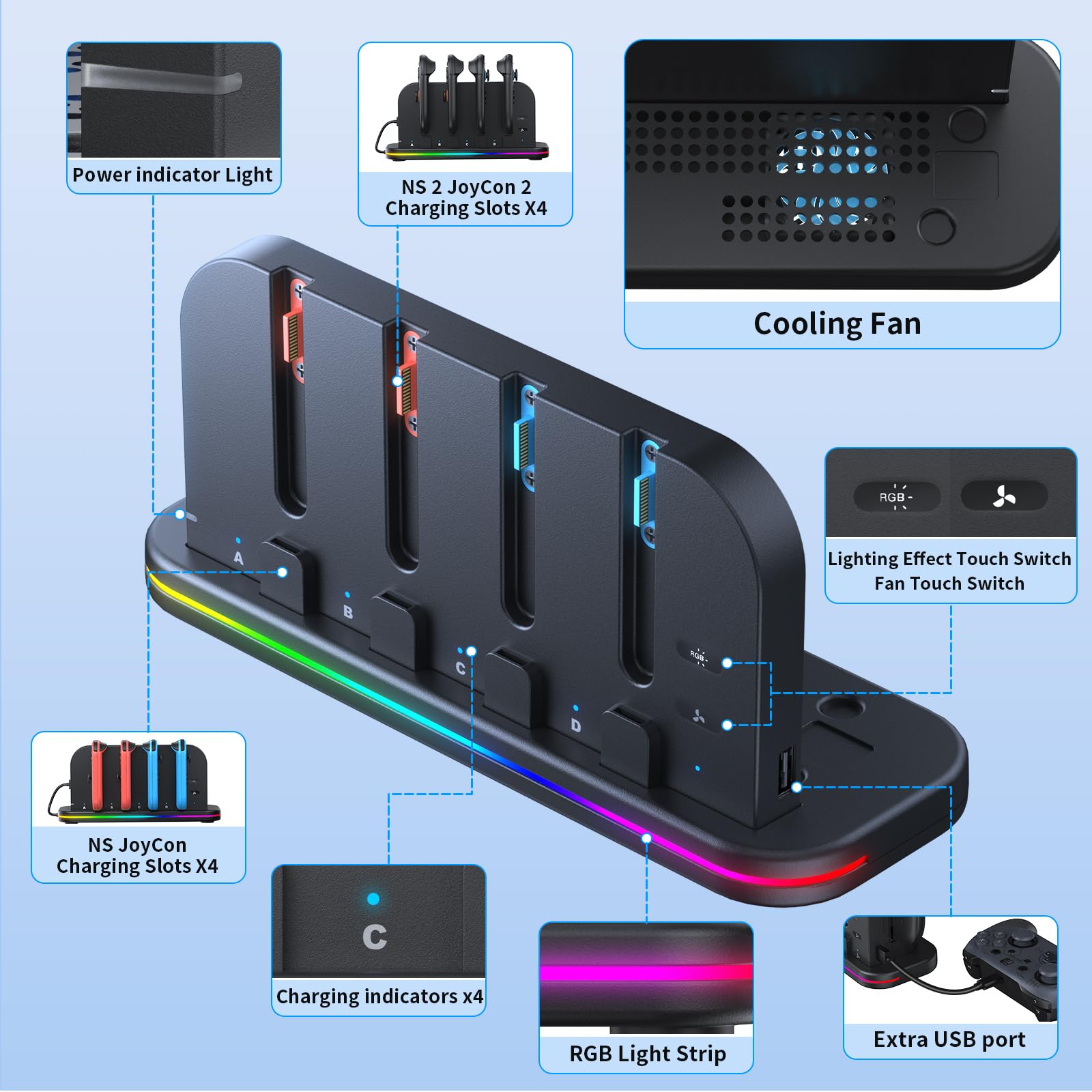 Base de Carga y refrigeración para Nintendo Switch 2 con Ventilador de refrigeración, luz RGB, Indicadores LED, Soporte de Carga magnético Compatible con Switch 2 Joy con | Ventilador de refrigeración, luz RGB, indicadores LED, soporte de cargador magnéti