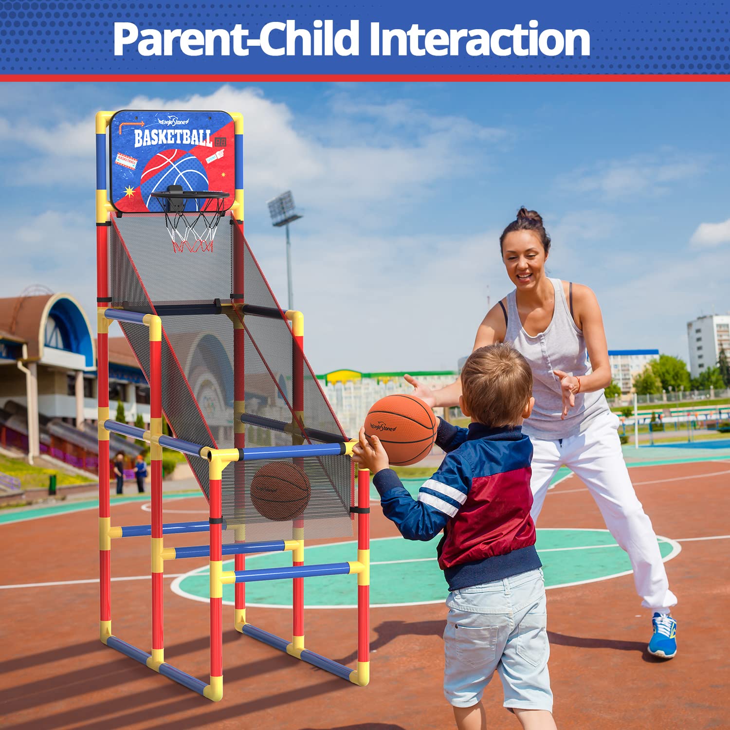 Basketball hoop being used both indoors and outdoors