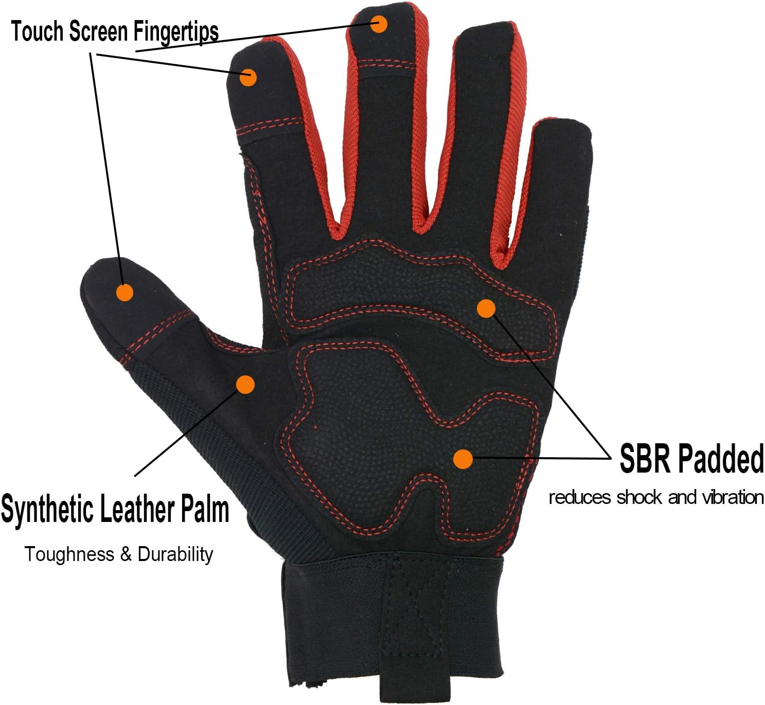 HANDLANDY Anti Vibration Safety Work Gloves for Men Women Breathable Flexible Spandex Back, Touch Screen Utility Glove (M, Red) - Image 3