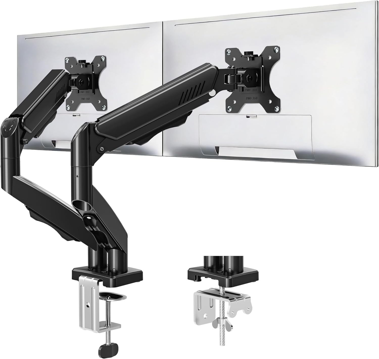 Dual Monitor Stand fits up to 32 inch, 4.4-19.8 lbs Computer Screens, Dual Monitor Desk Mount Height Adjustable, Monitor Arms for 2 Monitors, Home Office VESA Mounts, Freelift Black