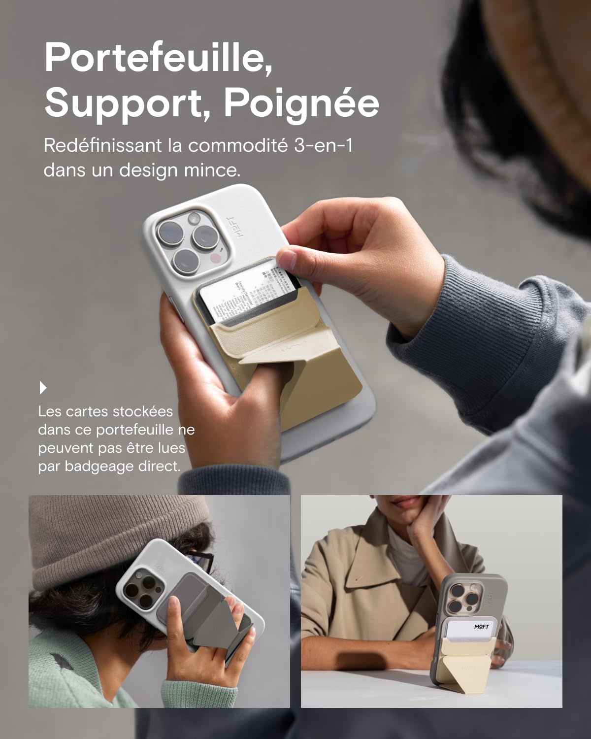 MOFT Porte-Carte Magsafe Cuir Végan iPhone 17/16/15/14/13/12 Support Téléphone 3 Modes Noir