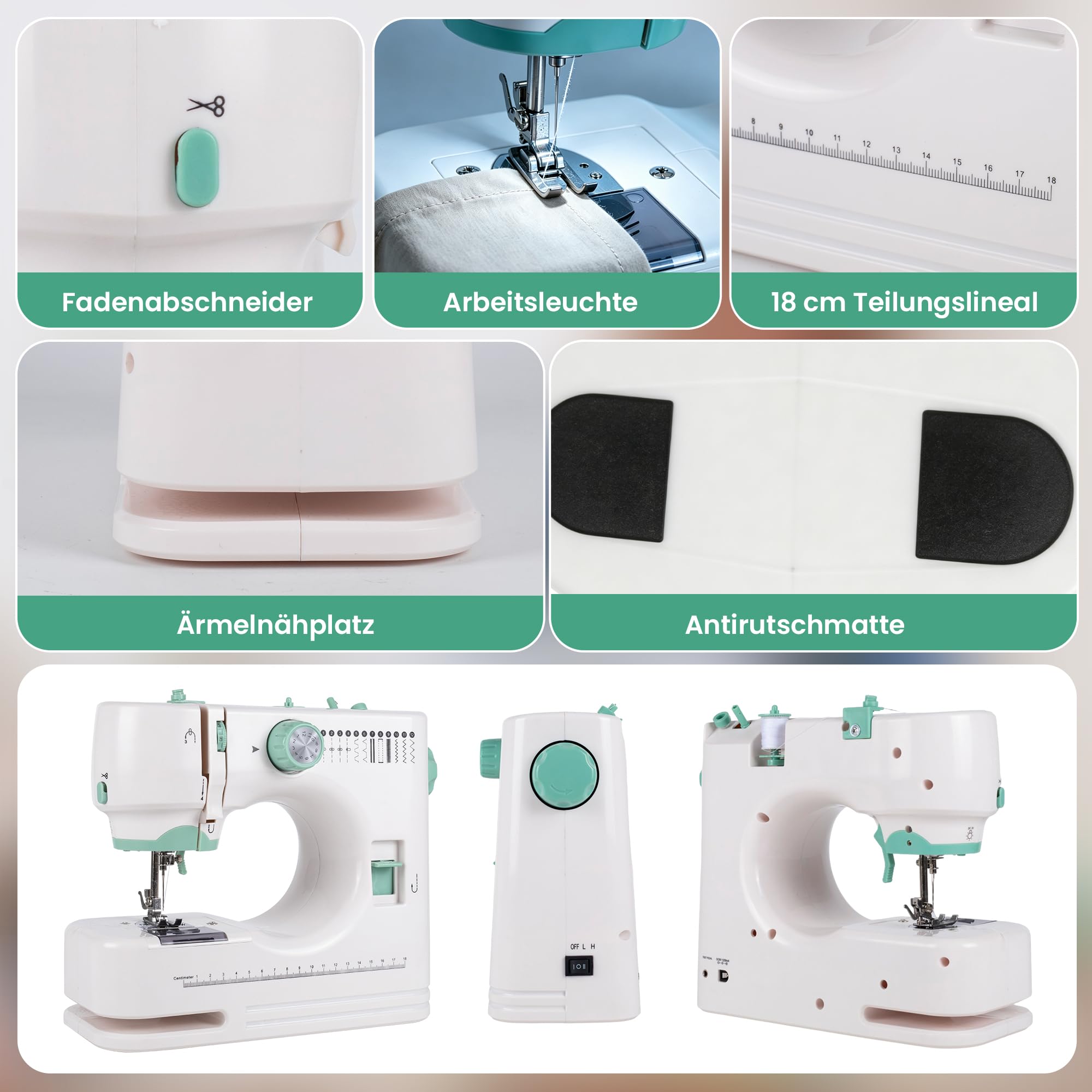 Nähmaschine Kompakt Multifunktion 12 Stichprogramme 2 Geschwindigkeiten Doppelstich mit Fußpedal und Knopfsteuerung Anfänger und Profis LED Beleuchtung Tragbar für DIY Kleidung (Grün)