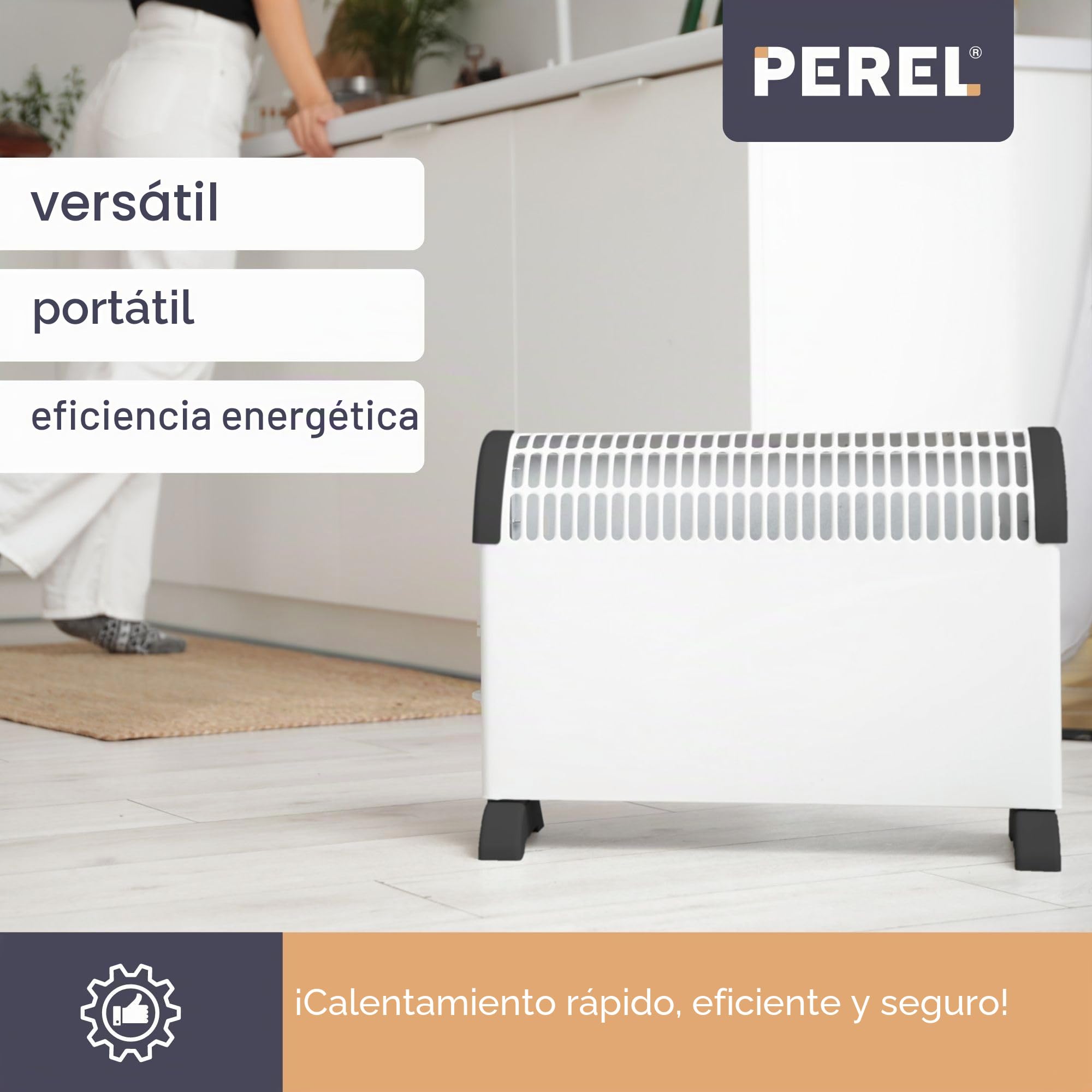 Perel Calefactor convector 2000W, convector eléctrico con 3 niveles de calor, termostato, IP20 protección contra sobrecalentamiento, portátil o montaje mural para estancias hasta 60 m³