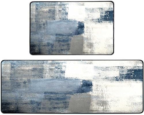 Vista 203 de TOMWISH - Tapetes de cocina para piso, color turquesa, gris, abstracto, pintura artística, 17 x 48 + 17 x 24 pulgadas, juego de alfombras de cocina