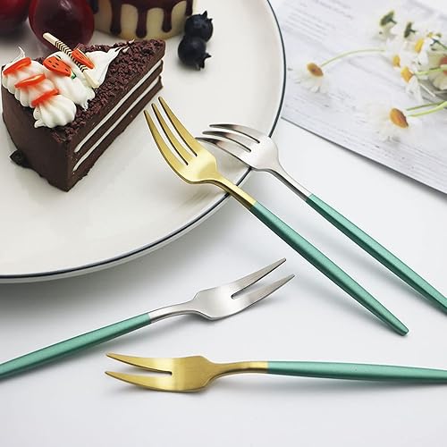 Miniatura 3 de JASHII Juego de 6 tenedores portátiles de 3 dientes verdes y plateados, de acero inoxidable 304 mate, con mango redondo, aptos para lavavajillas,