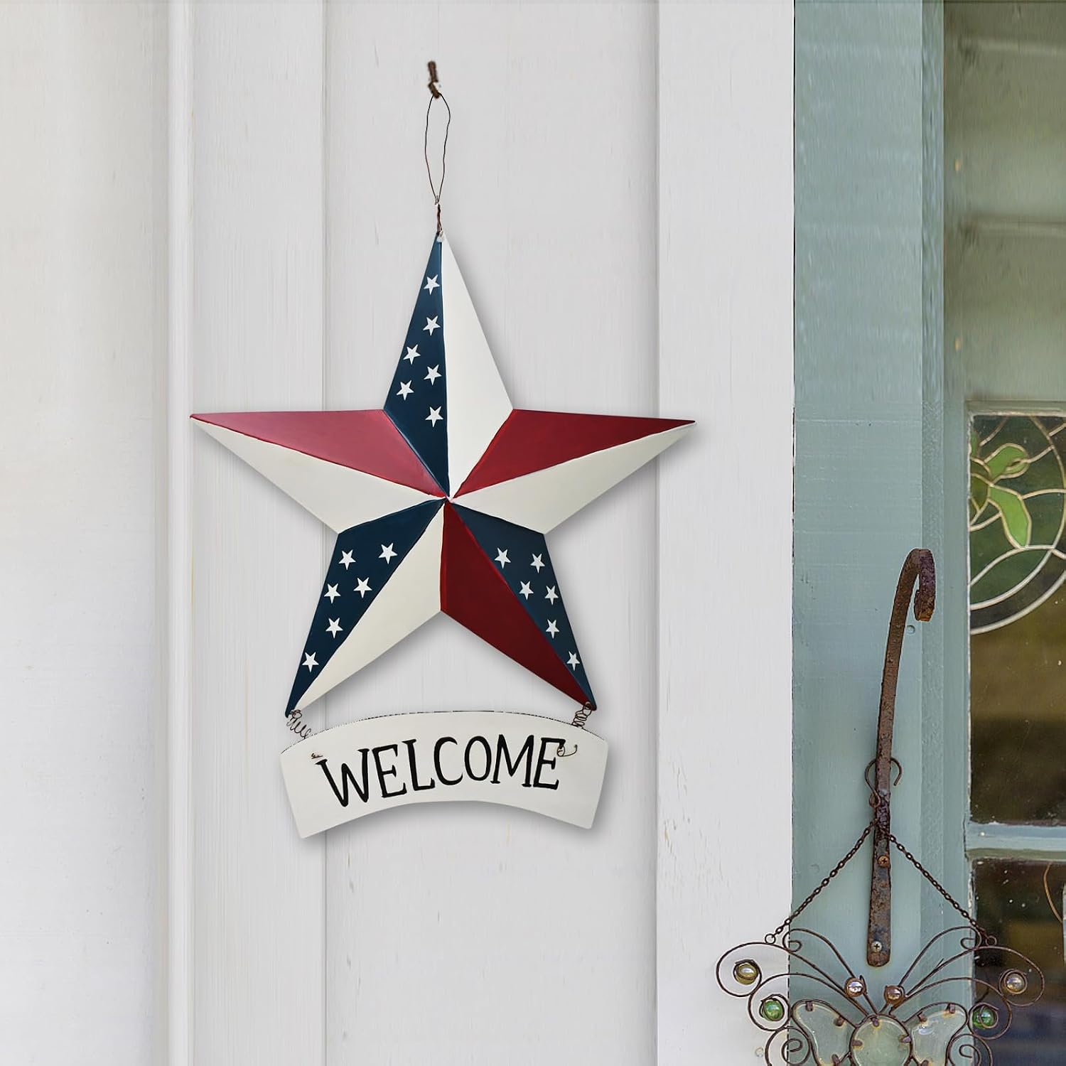 Metal Barn Star Welcome Sign Patriotic Decor Hanging American Flag Plaque Wall Art USA Porch Window Ornament Front Door Wreath Decoration for July 4th Independence Day Memorial Day Party (A)