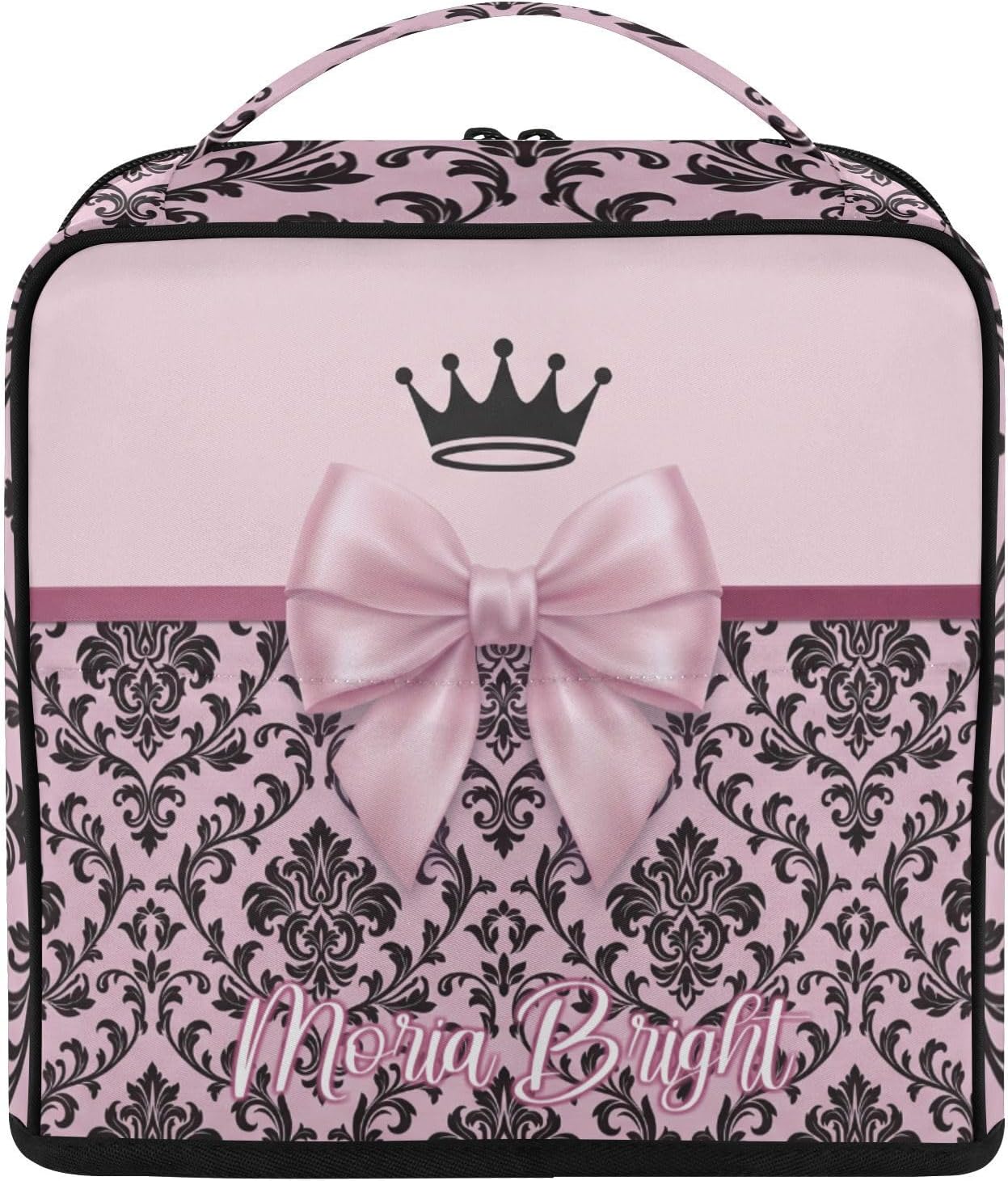 Custom Damask Bow Crown Pink Makeup Bag Personalized Standing Travel Case