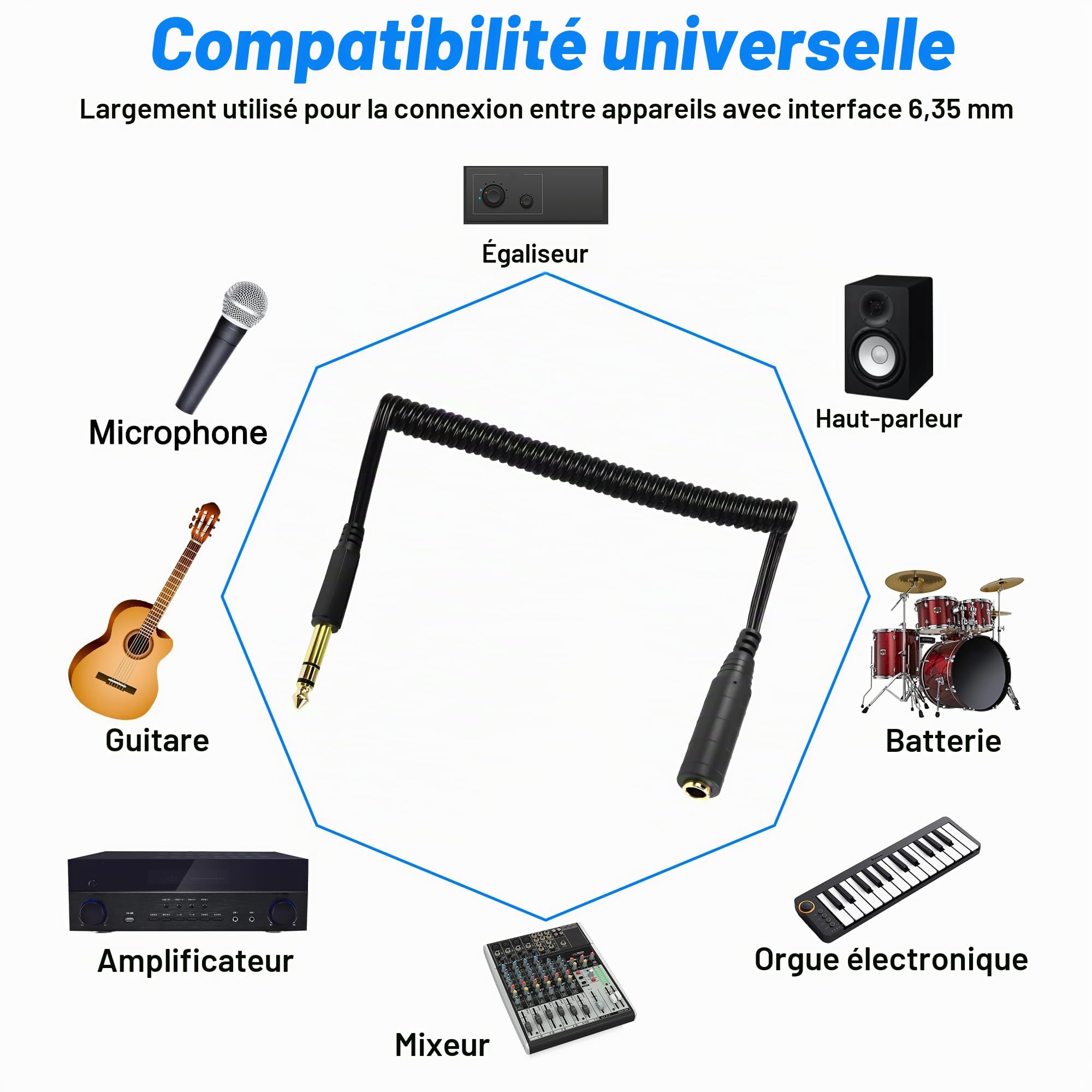 MEIRIYFA 6,35 mm 1/4 "câble audio, 6,35 mm trs mâle femelle audio stéréo instrument rallonge câble en spirale pour amplificateur, Haut - parleur, guitare, microphone, clavier