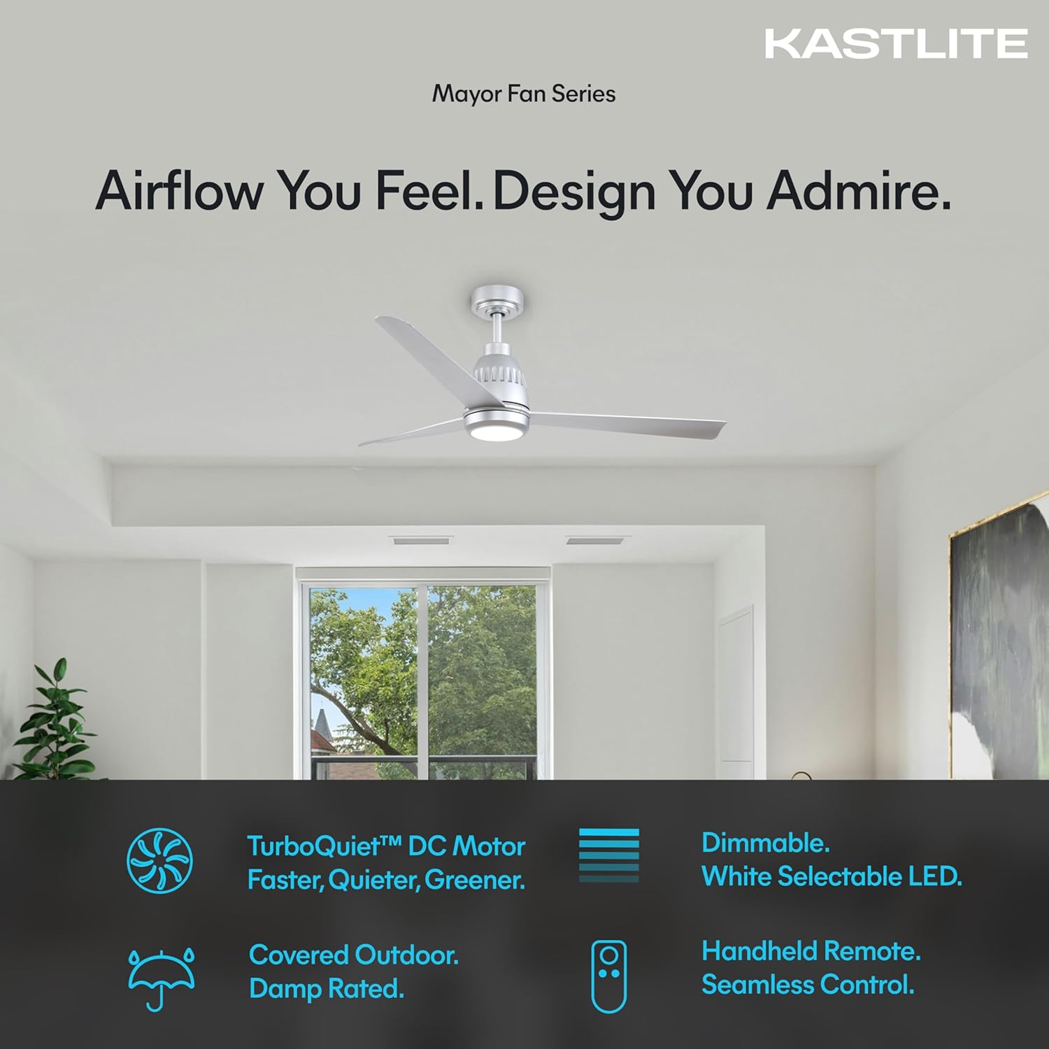 KASTLITE 52" Ceiling Fan with Light | Remote Control, Whisper Silent DC Motor | Powerful Cooling for Bedroom, Living Room & Garage | Indoor, Downrod Mount | Brushed Nickel with Silver Blades, Mayor