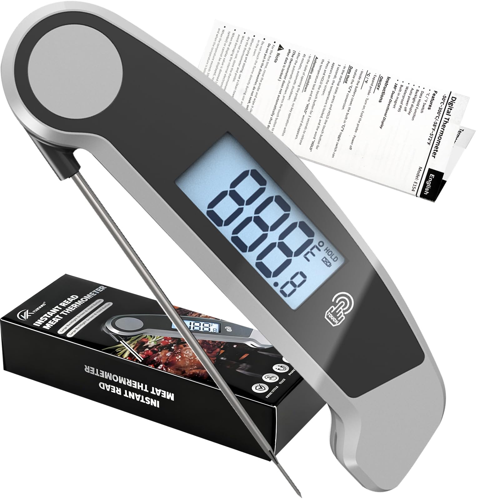 Thermomètre à viande numérique étanche à lecture instantanée pour la cuisson ℃/℉, affichage automatique rotatif thermomètre alimentaire gris