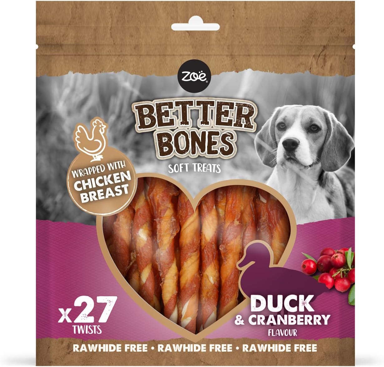 Zoë Better Bones Soft Dog Treat Chews, Pouch of Rawhide-Free, Chicken-Wrapped Twist Dog Training Chews - Duck & Cranberry Flavour, 1 Bag of 27 pcs