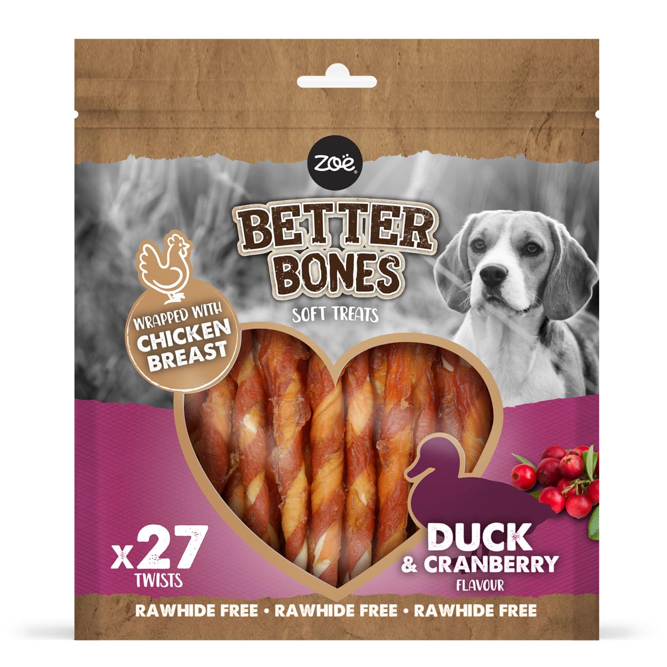 Zoë Better Bones Soft Dog Treat Chews, Pouch of Rawhide-Free, Chicken-Wrapped Twist Dog Training Chews - Duck & Cranberry Flavour, 1 Bag of 27 pcs