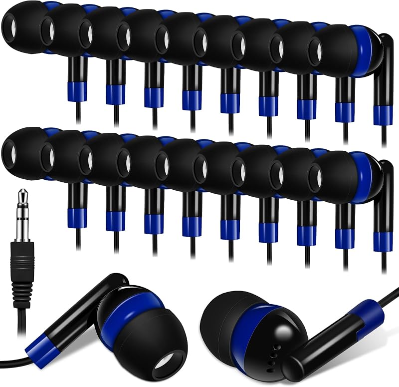 Kanayu 100 Pack Wired Earbuds Bulk for Classroom, No Mic 3.5mm, Dark Blue