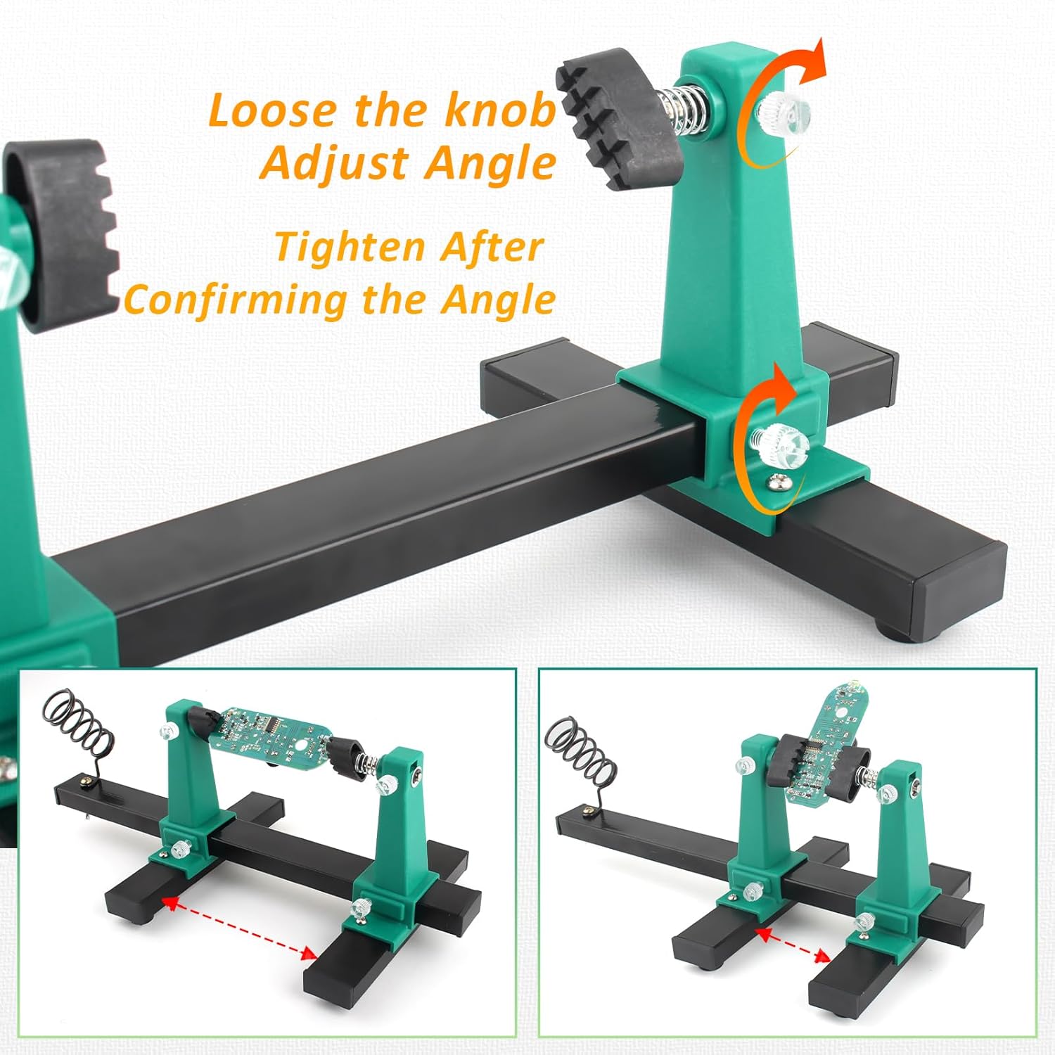 Adjustable PCB Holder Soldering Clamp for Circuit Board Helping Hand Soldering Tool Holder Motherboard PCB Frame Stand Clamp Printed with Soldering Iron Pen Holder+ Repair Tools(Green)