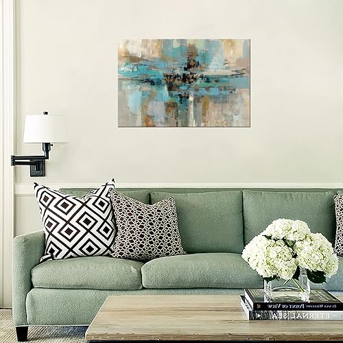 Vista 6 de DZL Art A74769 - Impresiones en lienzo abstractas para pared, pinturas artísticas azules y marrones, lienzo estirado de madera, enmarcado para sala