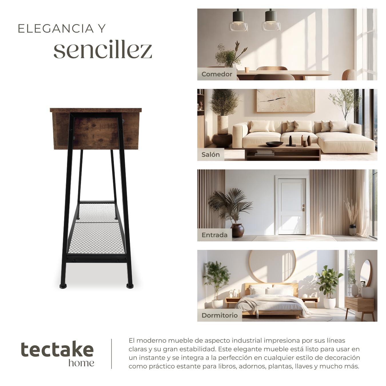 tectake® Mesa Consola de Estilo Industrial, Estante de Rejilla, Espacio de Almacenamiento, Mueble Auxiliar Salón, Aparadores para Salon - 100 x 35 x 80,5 cm Madera Industrial Oscura, Rústica