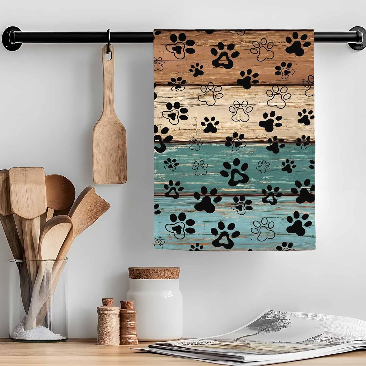 Dog Paws Prints Kitchen Towels 3 Pack, Rustic Teal Dish Towels for Kitchen, Farmhouse Turquoise Wood Absorbent Microfiber Puppy Paws Hand Towels for Bathroom, Soft Tea Towels Bar Towels, 18 x 28 Inch