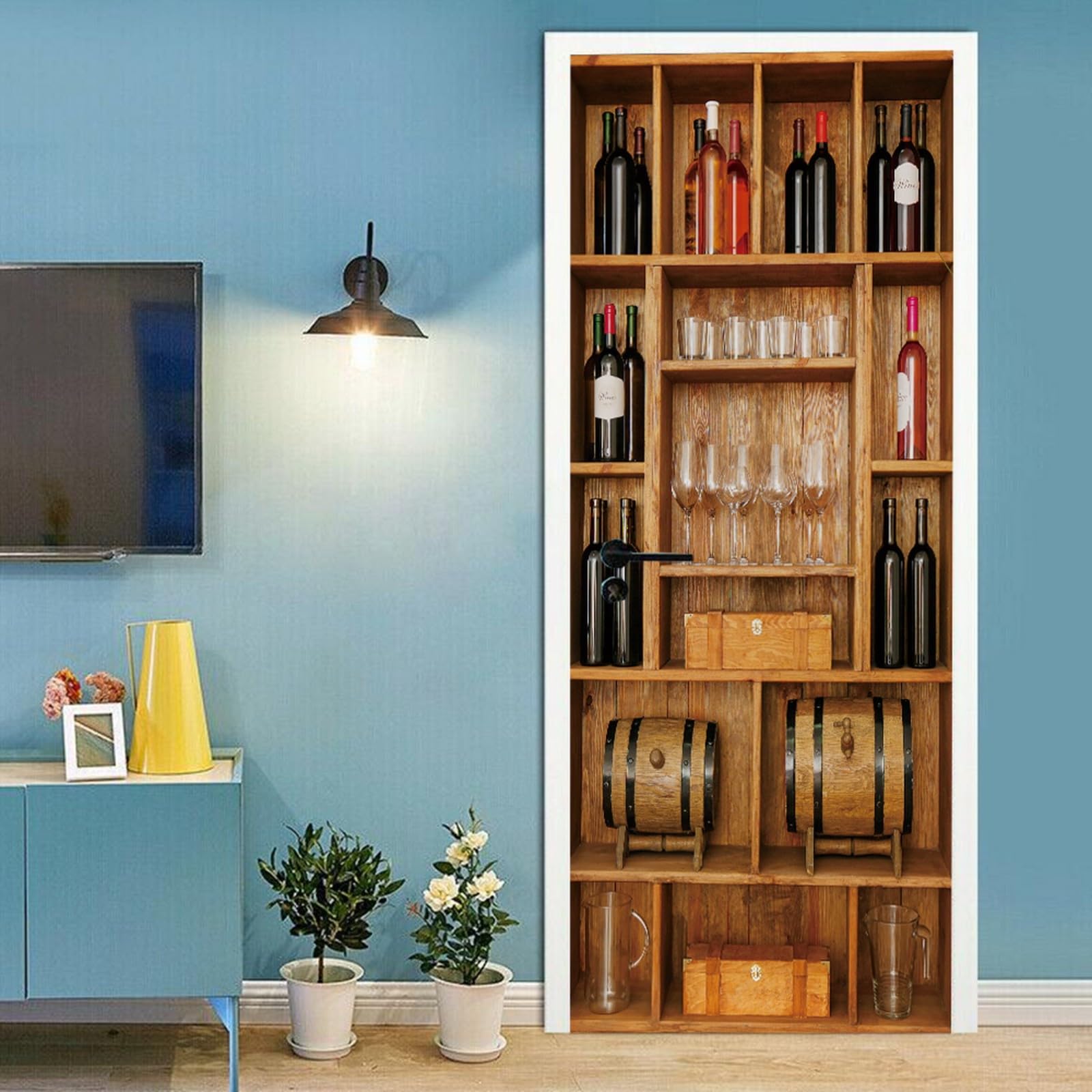 A.Monamour Adesivo Porta Autoadesiva 3D Portaoggetti In Legno Con Bottiglie Di Vino E Bicchieri Vinile PVC Adesivi per Porte Interne Pellicola Adesiva Poster Murale Parete Carta da Parati 77x200cm