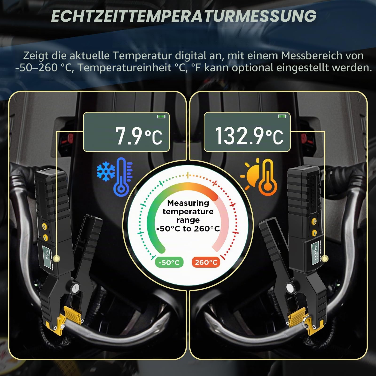 KAISAL HVAC-Rohrklemmen-Temperaturmessgerät, hochgenaues Echtzeit-Temperaturfühler, Datenwellenformanzeige, Temperaturklemmenmonitor für Heiz- und Kühlsysteme, Messbereich -50 ℃ - 260 ℃