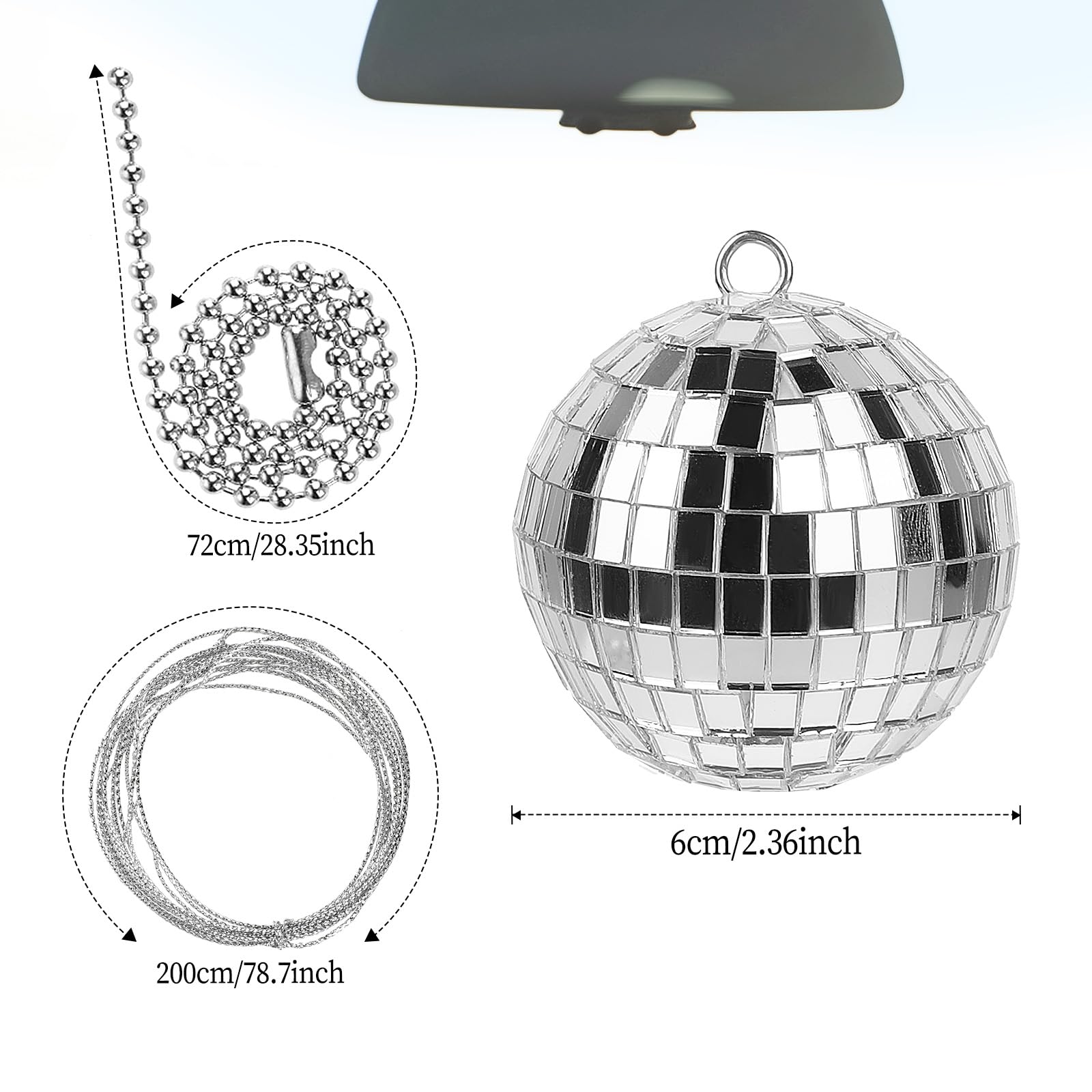 Disco Ball Car Accessory, Mirror Hanging With 2M String, Bling Charm, Rear View Mirror Accessories (Silver, 2.36inch)