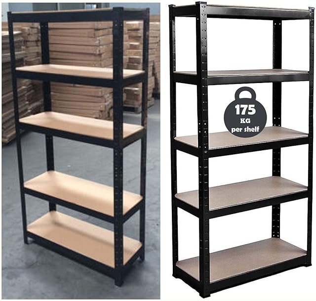150cm x 70cm x 30cm 5 Tier Shelf, Steel & MDF Boltless Shelves, 875kg Total Capacity/175kg Per Shelf Garage shed Storage Shelving Units, 3 Year Warranty (Black)