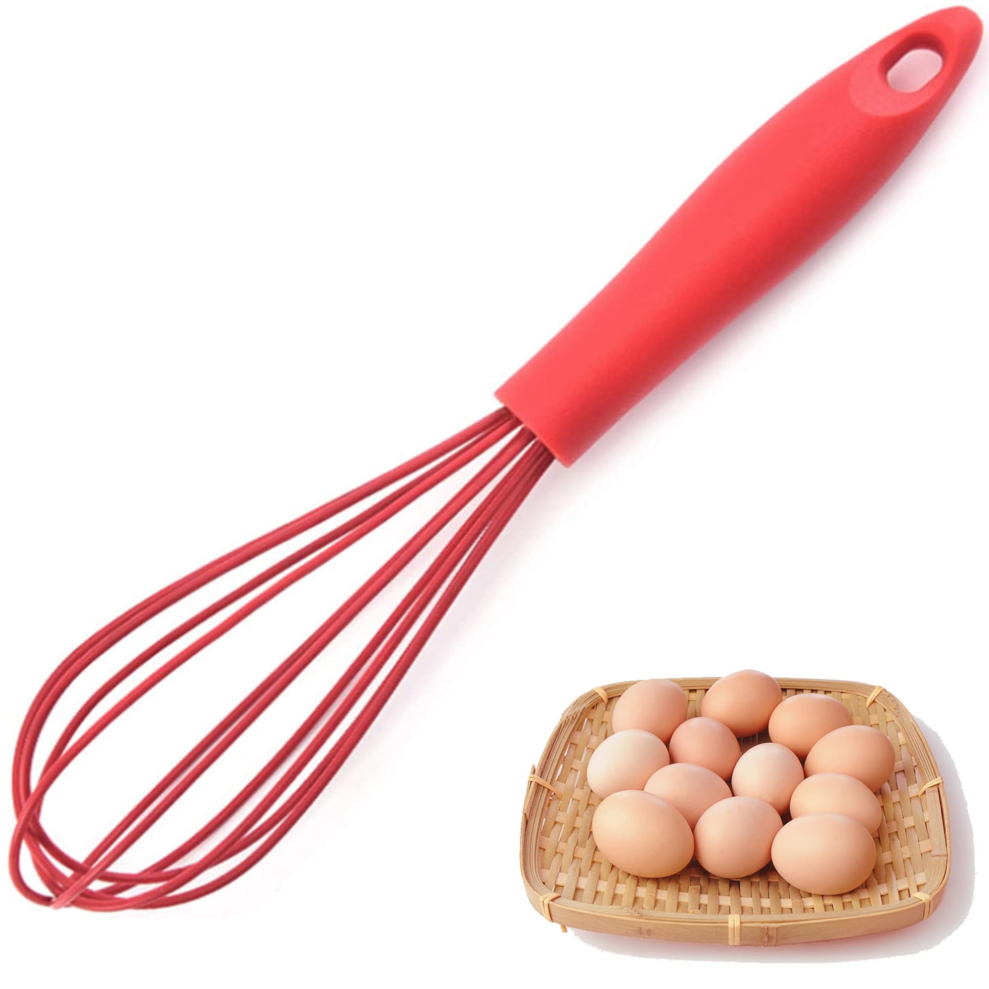 Batidor, Silicona Apta para Alimentos, con un Mango Estable y Cómodo, Fácil de Almacenar, se Puede Colgar, Batidor de Cocina para Mezclar, Batir, Espumar y Revolver (Rojo)