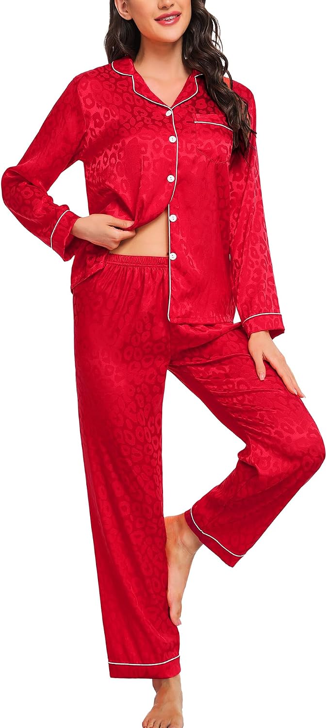 SWOMOG Womens Silk Satin Pajamas Set Long Sleeve Button Down Sleepwear 2 Piece Lounge Set Pj Set XS-3XL
