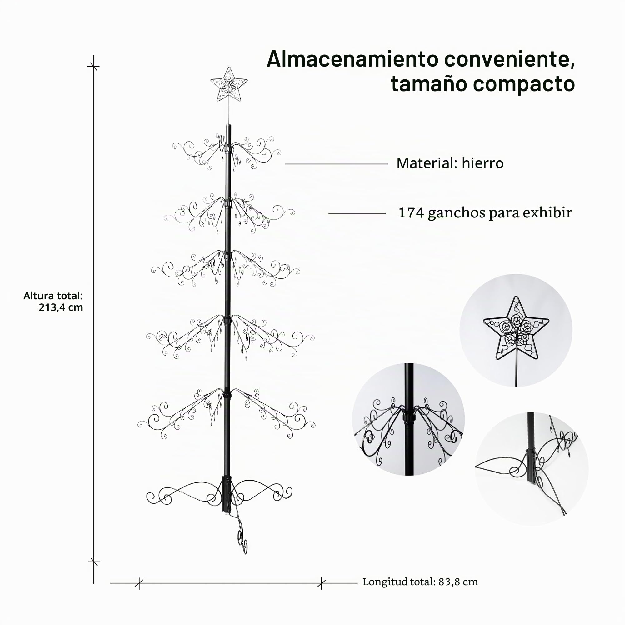 HOHIYA Soporte para Árbol de Navidad Metal 210 cm Base Estable 174 Ganchos para Adornos, Ideal Decoración Navideña y Hogar