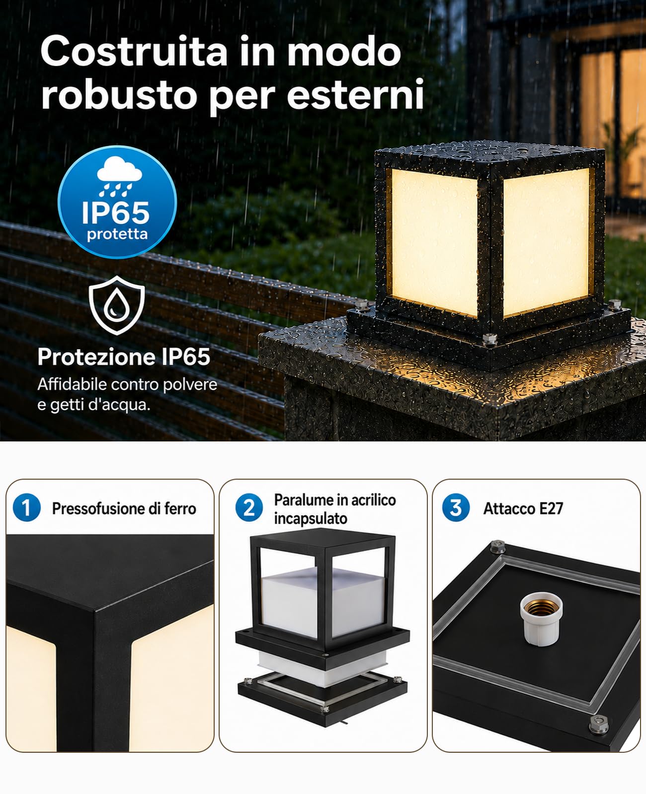 Lampioncino da Giardino Esterno E27 3000K Nero | LED 12W Lampada da Pilastro Esterno, Struttura in Metallo, 23 × 23 × 20 cm, per Vialetti, Patio e Terrazza