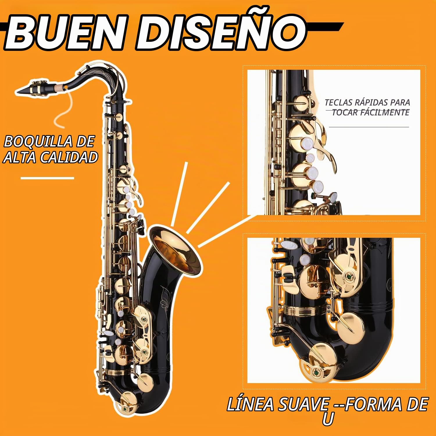 Saxofón Tenor en si Bemol Saxofón Lacado en Negro en si Bemol con Estuche para Instrumentos Boquilla Correa para el Cuello Paño de Limpieza Cepillo para músicos Principiantes