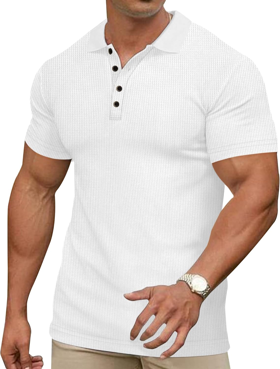 Men's Casual Polo Shirts Classic Button Basic Short Sleeve Waffle Solid Fit Golf Tees Stylish Tops - Image 3