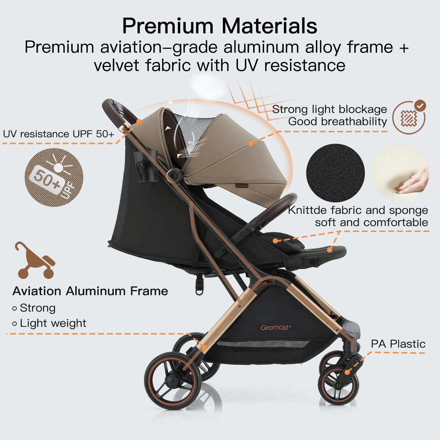 Gromast Gravity Passeggino pieghevole da viaggio portatile con schienale regolabile e tettuccio parasole, leggero e protetto dai raggi UV, pieghevole con una sola mano, Golden
