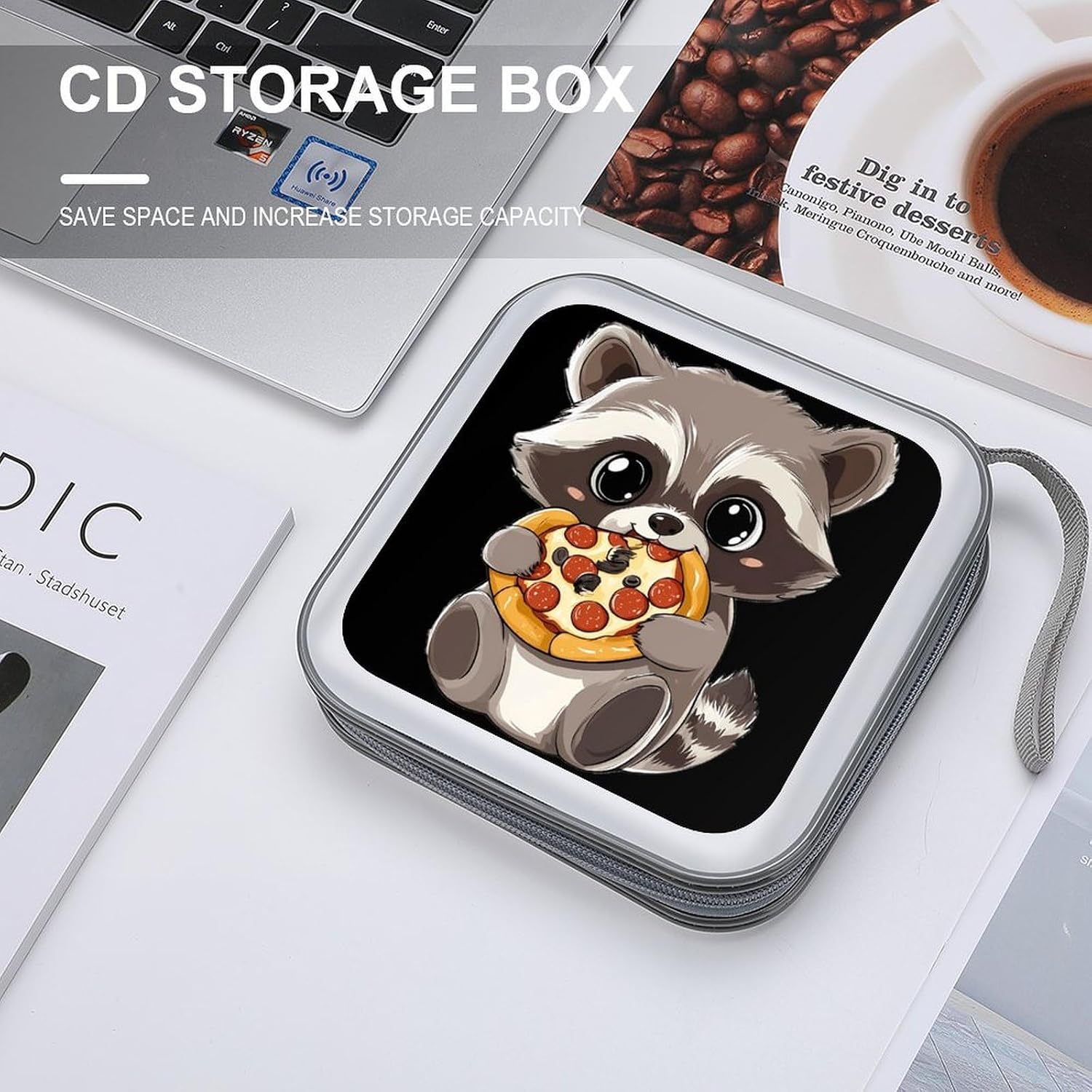 Raccoon Eating Pizza CD Case DVD Storage Holder Binder 40 Capacity | protective,hard case,protable loop,travel car use,zippered closure