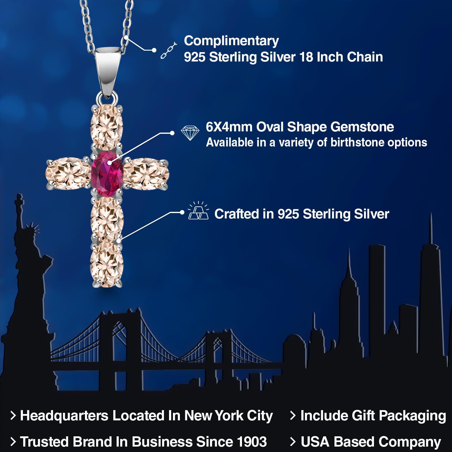 Gem Stone King 925 Sterling Silver Peach Morganite and Red Created Ruby Cross Pendant Necklace for Women | 3.00 Cttw | Gemstone October Birthstone | Oval 6X4MM | With 18 Inch Chain - Image 2