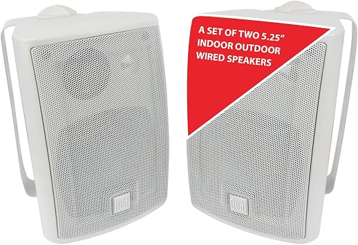 Dual Electronics LU53PW 5.25" 3-Way High Performance Outdoor Indoor Wired Speakers | Effortless Set Up | Home, Pool, Patio, Garage Use | Weather Resistant | Expansive Stereo Sound Coverage | White