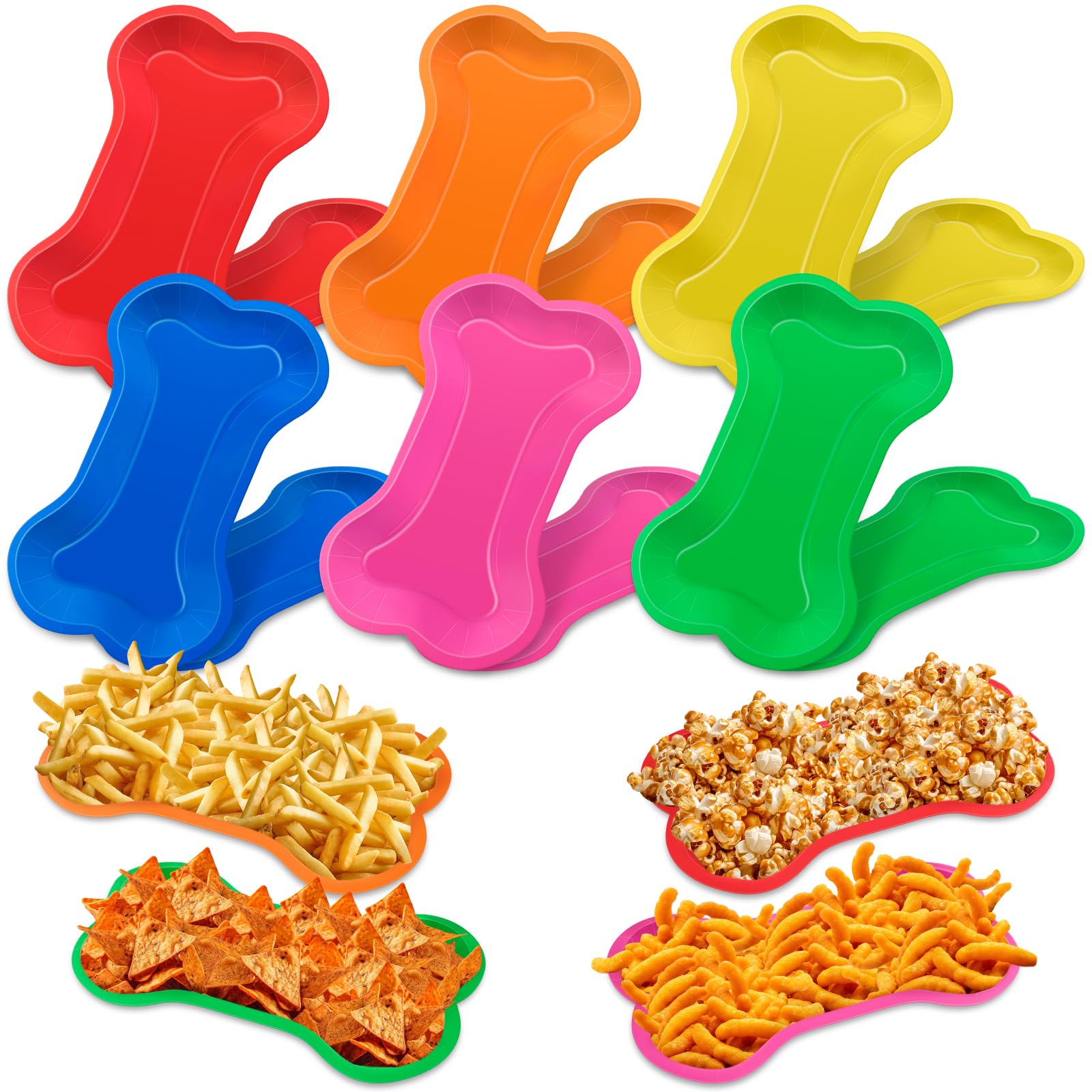 Dog Bone Party Serving Trays 11x6.7x1.2 Inch Colorful Bone Shape Paper Plates Funny Disposable Snack Trays for Burger Fries Birthday Holiday Puppy Theme Party Decoration Supplies (12)