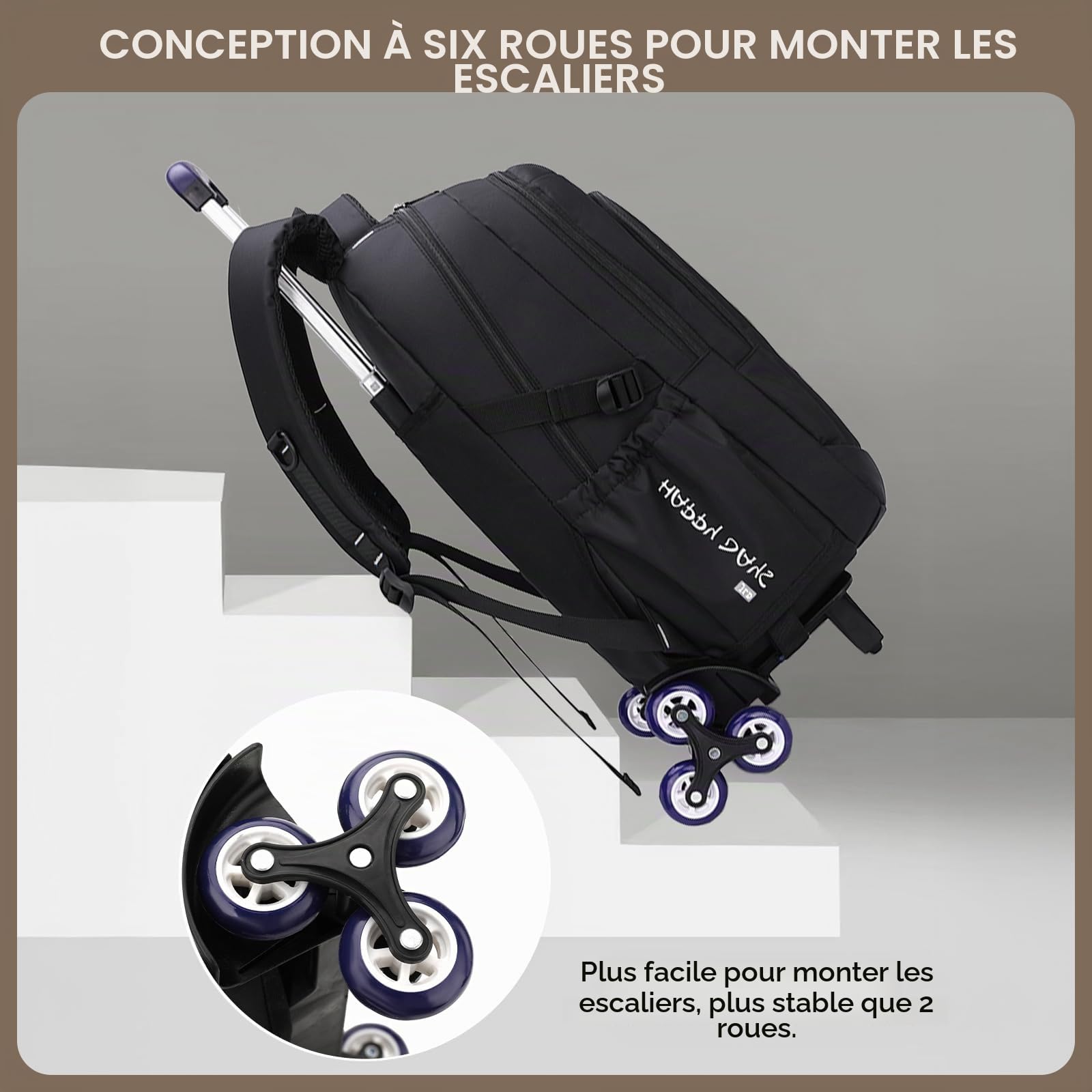 Amythe Cartable à Roulettes pour Garçons, Sac à Dos pour Hommes avec 6 roues, 30 Litres Sac Ecole Collège Léger et Imperméable avec Chariot, Adapté aux Loisirs et aux Voyages, Noir