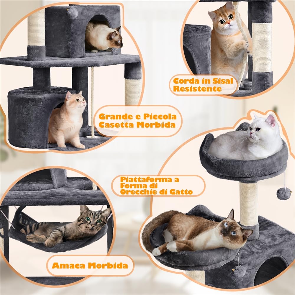 Yaheetech Albero Tiragraffi per Gatti Adulti Grandi Medi con Giocattolo Gioco Palle in Corda Sisal Naturale 61 x 49 x 158 cm Grigio Scuro