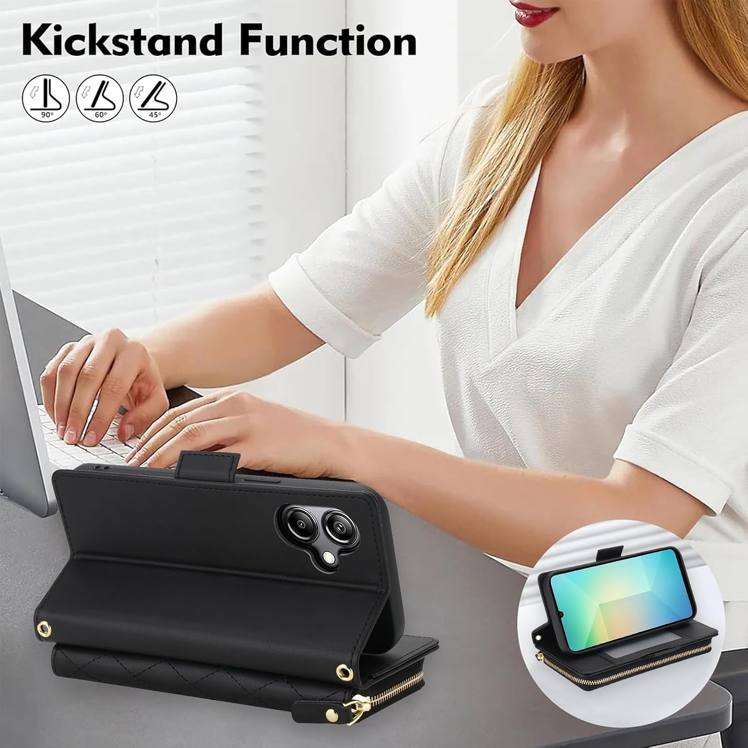 Compatible with Samsung Galaxy A06/A07 Wallet Case Zipper RFID Blocking Screen Protector Crossbody Lanyard Strap Flip Card Holder Slots AO6 5G/AO7 4G A 06 07 LTE Phone Cover for Women Men Black